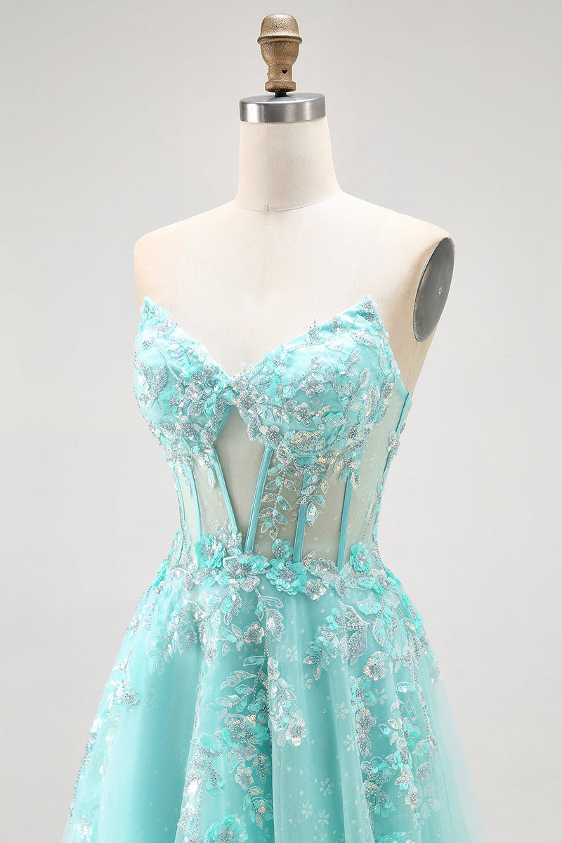 Load image into Gallery viewer, Sparkly Green A Line Long Corset Prom Dress with Lace