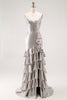 Load image into Gallery viewer, Grey Mermaid Ruffled Metallic Long Corset Prom Dress with Slit