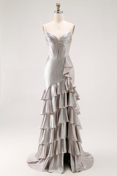 Grey Mermaid Ruffled Metallic Long Corset Prom Dress with Slit
