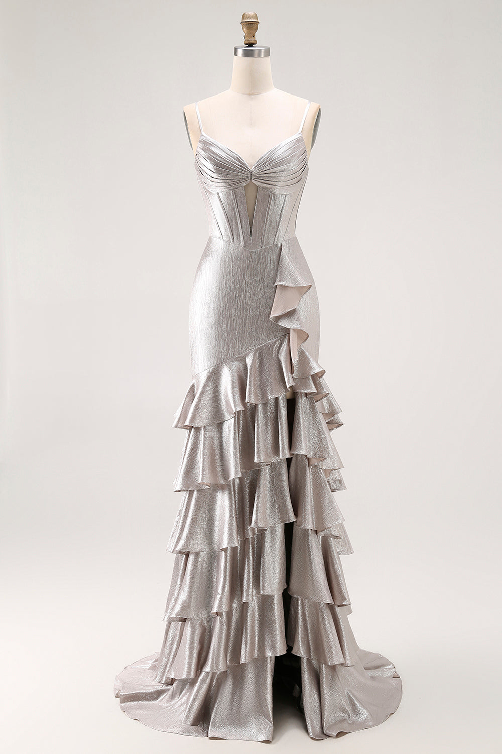 Grey Mermaid Ruffled Metallic Long Corset Prom Dress with Slit