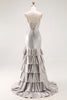 Load image into Gallery viewer, Grey Mermaid Ruffled Metallic Long Corset Prom Dress with Slit