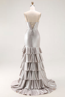 Grey Mermaid Ruffled Metallic Long Corset Prom Dress with Slit