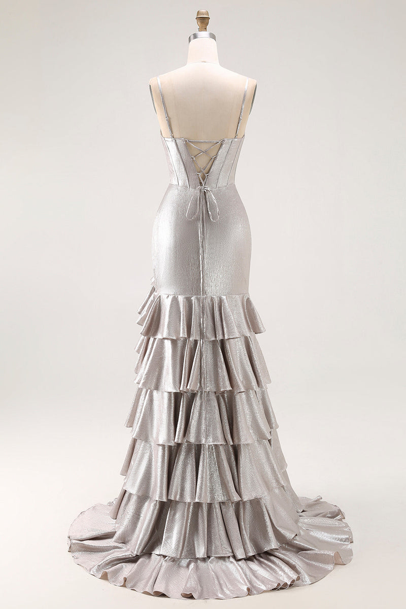 Load image into Gallery viewer, Grey Mermaid Ruffled Metallic Long Corset Prom Dress with Slit