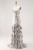 Load image into Gallery viewer, Grey Mermaid Ruffled Metallic Long Corset Prom Dress with Slit