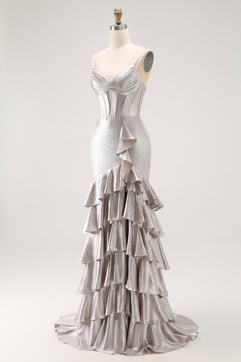 Load image into Gallery viewer, Grey Mermaid Ruffled Metallic Long Corset Prom Dress with Slit