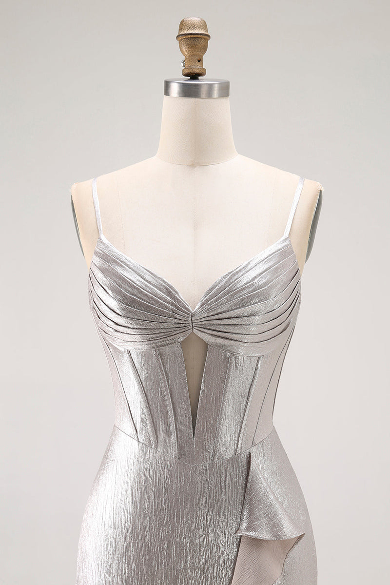 Load image into Gallery viewer, Grey Mermaid Ruffled Metallic Long Corset Prom Dress with Slit