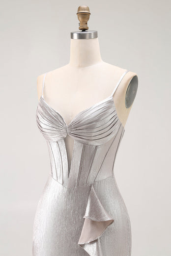 Grey Mermaid Ruffled Metallic Long Corset Prom Dress with Slit