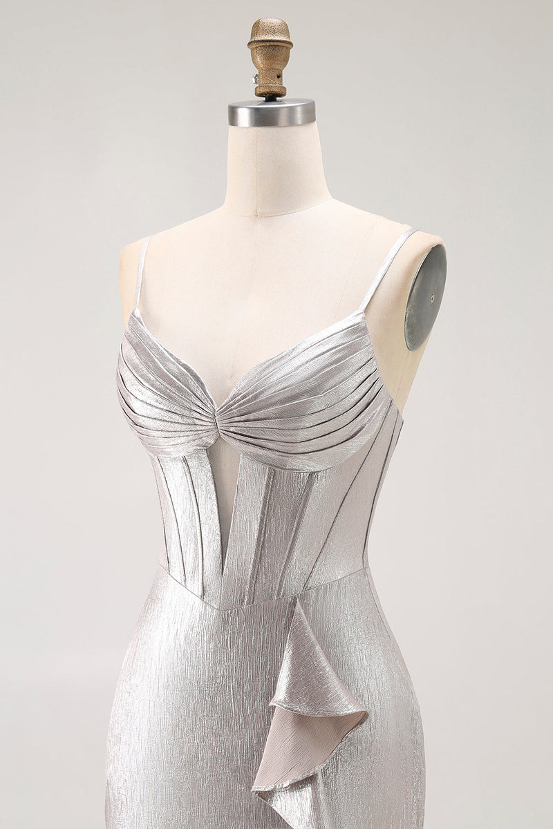Load image into Gallery viewer, Grey Mermaid Ruffled Metallic Long Corset Prom Dress with Slit