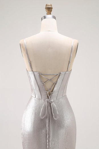 Grey Mermaid Ruffled Metallic Long Corset Prom Dress with Slit