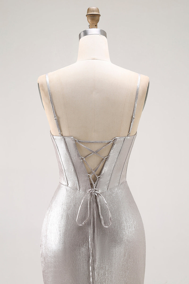 Load image into Gallery viewer, Grey Mermaid Ruffled Metallic Long Corset Prom Dress with Slit