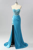 Load image into Gallery viewer, Sparkly Blue Mermaid Satin Sequin Sweetheart Long Corset Prom Dress with Slit