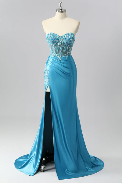 Sparkly Blue Mermaid Satin Sequin Sweetheart Long Corset Prom Dress with Slit