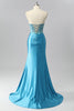 Load image into Gallery viewer, Sparkly Blue Mermaid Satin Sequin Sweetheart Long Corset Prom Dress with Slit