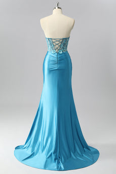 Sparkly Blue Mermaid Satin Sequin Sweetheart Long Corset Prom Dress with Slit