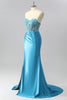 Load image into Gallery viewer, Sparkly Blue Mermaid Satin Sequin Sweetheart Long Corset Prom Dress with Slit