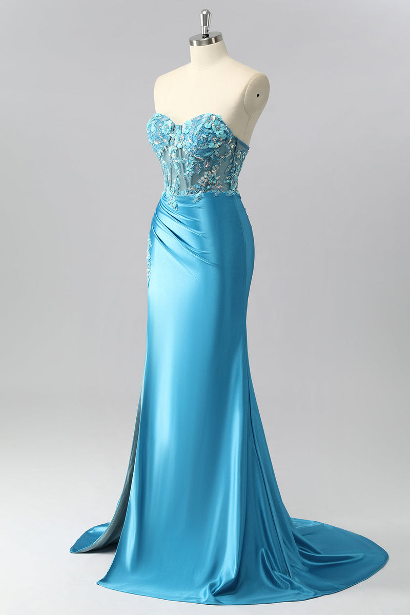 Load image into Gallery viewer, Sparkly Blue Mermaid Satin Sequin Sweetheart Long Corset Prom Dress with Slit