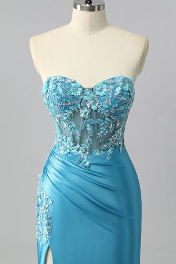 Sparkly Blue Mermaid Satin Sequin Sweetheart Long Corset Prom Dress with Slit