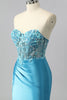 Load image into Gallery viewer, Sparkly Blue Mermaid Satin Sequin Sweetheart Long Corset Prom Dress with Slit
