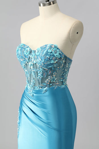 Sparkly Blue Mermaid Satin Sequin Sweetheart Long Corset Prom Dress with Slit