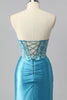 Load image into Gallery viewer, Sparkly Blue Mermaid Satin Sequin Sweetheart Long Corset Prom Dress with Slit