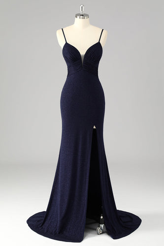 Glitter Navy Mermaid Spaghetti Straps Long Corset Prom Dress with Slit