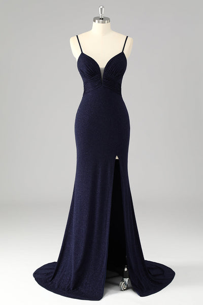 Glitter Navy Mermaid Spaghetti Straps Long Corset Prom Dress with Slit
