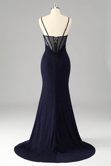 Glitter Navy Mermaid Spaghetti Straps Long Corset Prom Dress with Slit