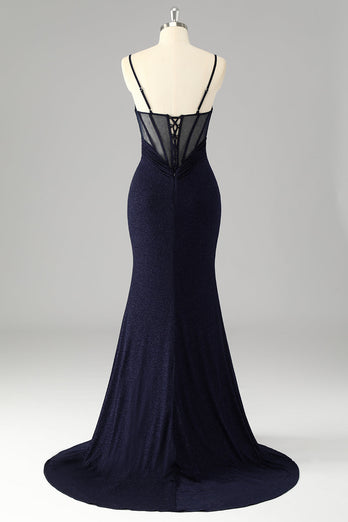 Glitter Navy Mermaid Spaghetti Straps Long Corset Prom Dress with Slit