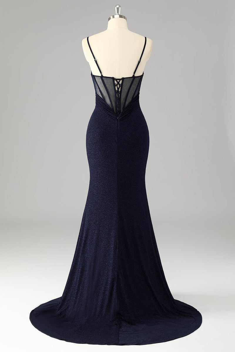 Load image into Gallery viewer, Glitter Navy Mermaid Spaghetti Straps Long Corset Prom Dress with Slit