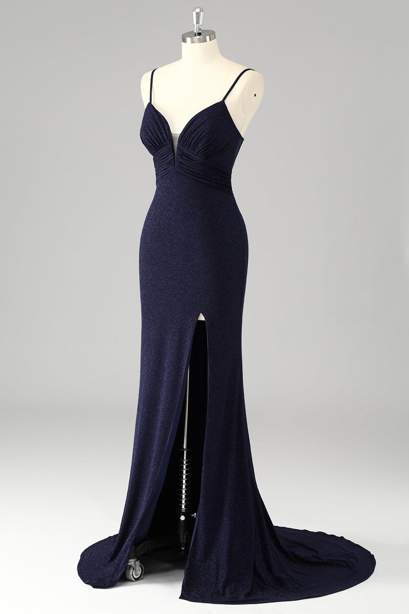 Load image into Gallery viewer, Glitter Navy Mermaid Spaghetti Straps Long Corset Prom Dress with Slit