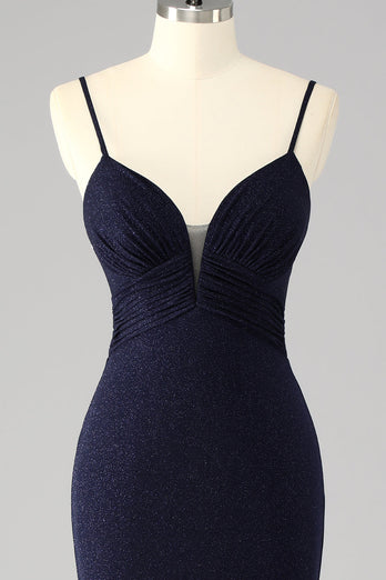 Glitter Navy Mermaid Spaghetti Straps Long Corset Prom Dress with Slit