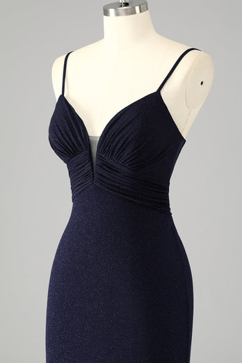 Glitter Navy Mermaid Spaghetti Straps Long Corset Prom Dress with Slit