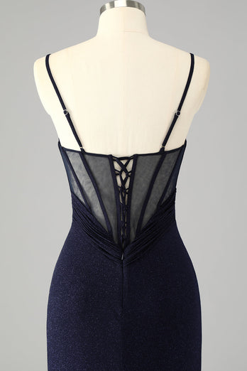 Glitter Navy Mermaid Spaghetti Straps Long Corset Prom Dress with Slit