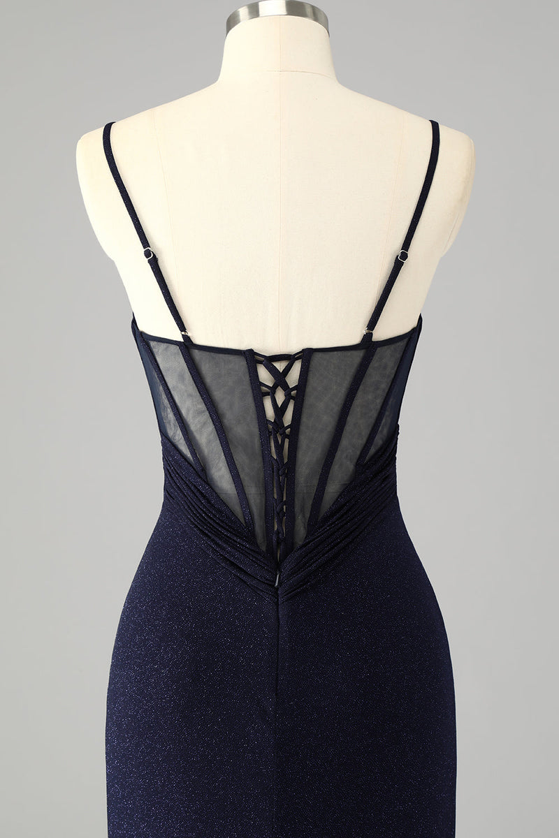 Load image into Gallery viewer, Glitter Navy Mermaid Spaghetti Straps Long Corset Prom Dress with Slit