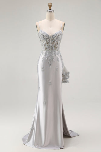 Sparkly Grey Mermaid Satin Mermaid Long Corset Prom Dress with Beading