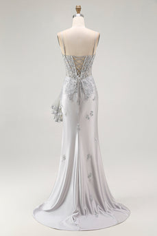 Sparkly Grey Mermaid Satin Mermaid Long Corset Prom Dress with Beading