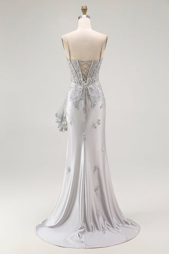 Sparkly Grey Mermaid Satin Mermaid Long Corset Prom Dress with Beading
