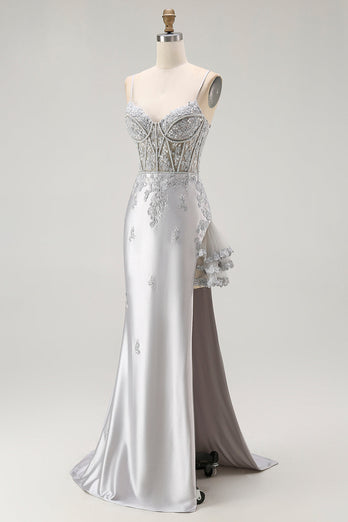 Sparkly Grey Mermaid Satin Mermaid Long Corset Prom Dress with Beading