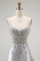 Load image into Gallery viewer, Sparkly Grey Mermaid Satin Mermaid Long Corset Prom Dress with Beading