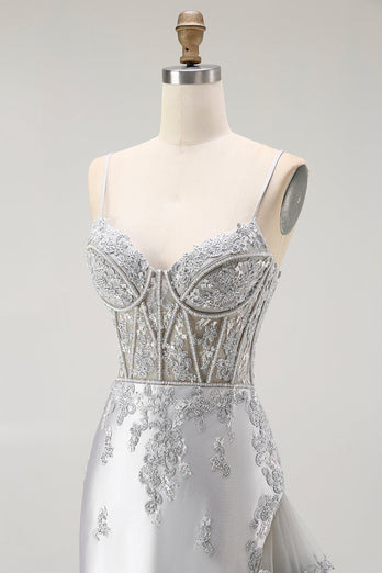 Sparkly Grey Mermaid Satin Mermaid Long Corset Prom Dress with Beading