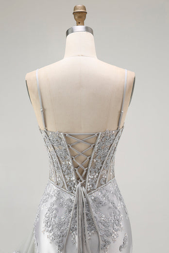 Sparkly Grey Mermaid Satin Mermaid Long Corset Prom Dress with Beading