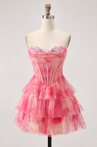 Sparkly Floral Red Beaded Short Corset Homecoming Dress with Ruffles