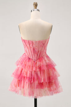 Sparkly Floral Red Beaded Short Corset Homecoming Dress with Ruffles