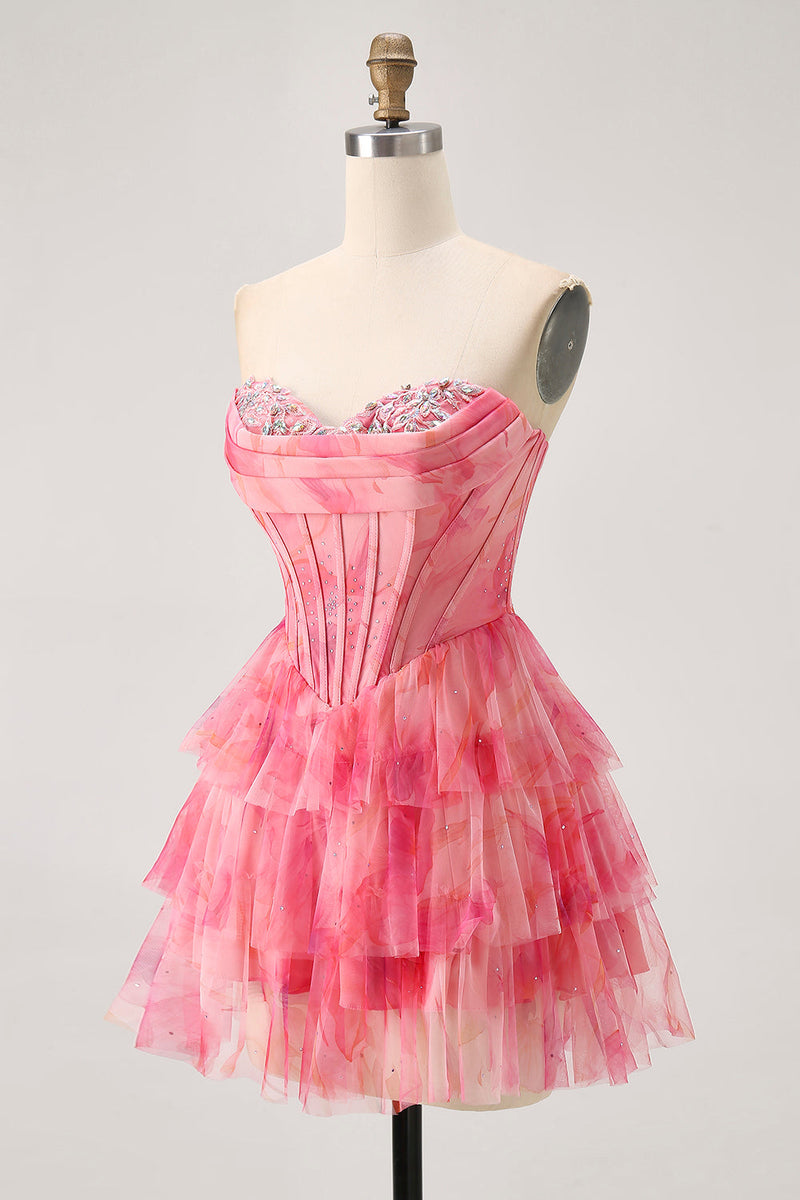 Load image into Gallery viewer, Sparkly Floral Red Beaded Short Corset Homecoming Dress with Ruffles