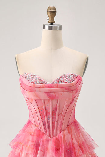 Sparkly Floral Red Beaded Short Corset Homecoming Dress with Ruffles