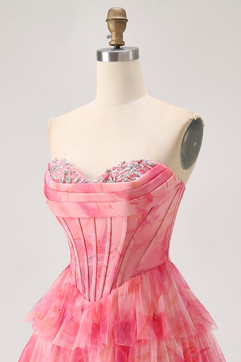 Sparkly Floral Red Beaded Short Corset Homecoming Dress with Ruffles