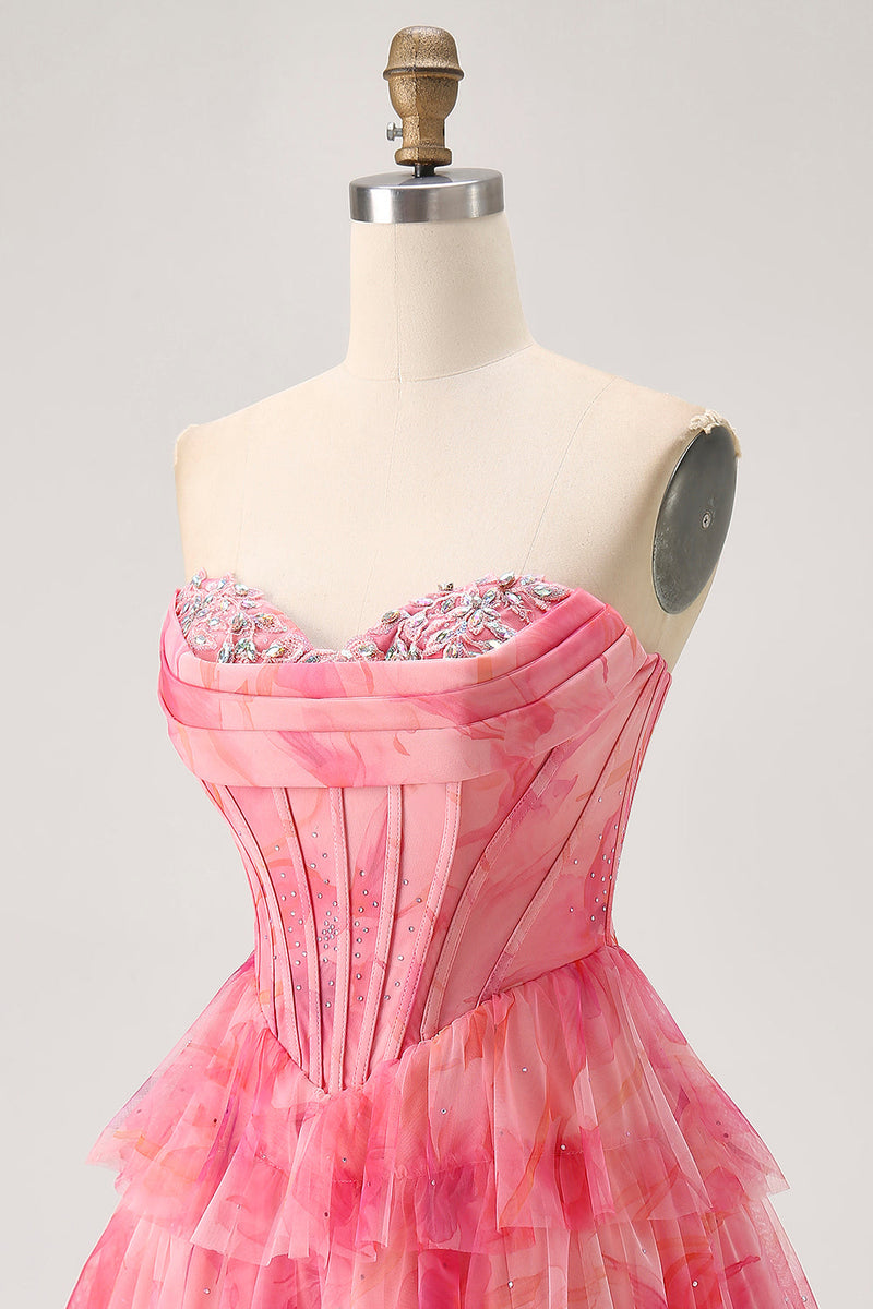 Load image into Gallery viewer, Sparkly Floral Red Beaded Short Corset Homecoming Dress with Ruffles