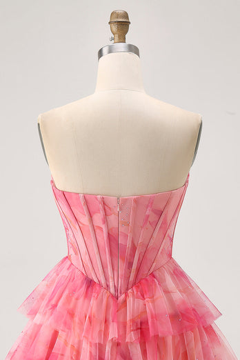 Sparkly Floral Red Beaded Short Corset Homecoming Dress with Ruffles