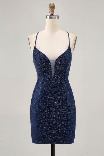 Sparkly Dark Blue Short Tight Homecoming Dress with Beading