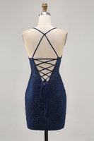 Load image into Gallery viewer, Sparkly Dark Blue Short Tight Homecoming Dress with Beading